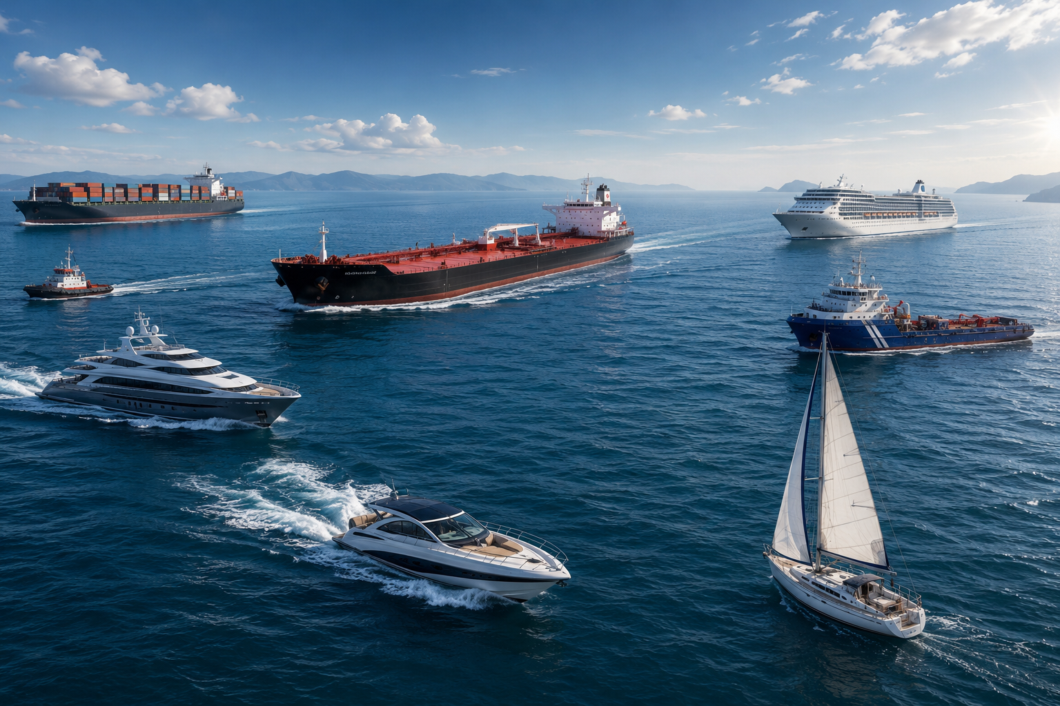 Marine cargo vessels, cruise ships and yachts on open ocean